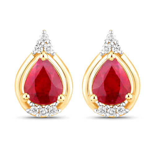 Bids.com 1.36 Carat Genuine Ruby and White Diamond 14K Yellow Gold Earrings Earrings