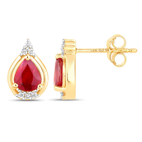Bids.com 1.36 Carat Genuine Ruby and White Diamond 14K Yellow Gold Earrings Earrings