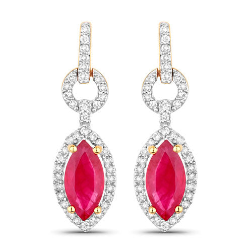 Bids.com 1.23 Carat Genuine Ruby and White Diamond 14K Yellow Gold Earrings Earrings