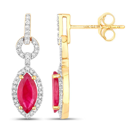 Bids.com 1.23 Carat Genuine Ruby and White Diamond 14K Yellow Gold Earrings Earrings