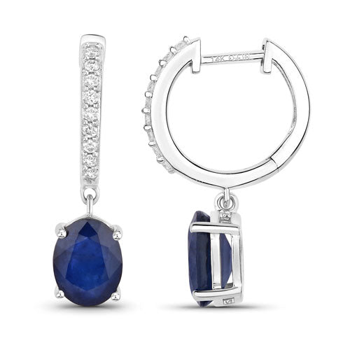 Bids.com 3.24 Carat Genuine Blue Sapphire and White Diamond 14K White Gold Earrings Earrings