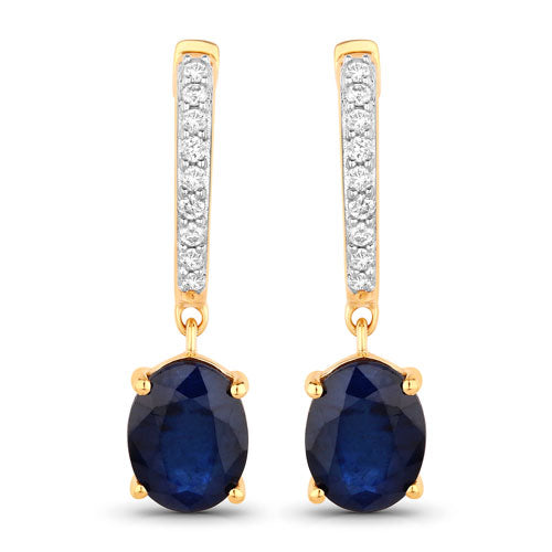 Bids.com 3.24 Carat Genuine Blue Sapphire and White Diamond 14K Yellow Gold Earrings Earrings