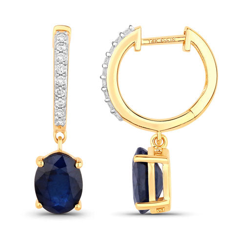 Bids.com 3.24 Carat Genuine Blue Sapphire and White Diamond 14K Yellow Gold Earrings Earrings