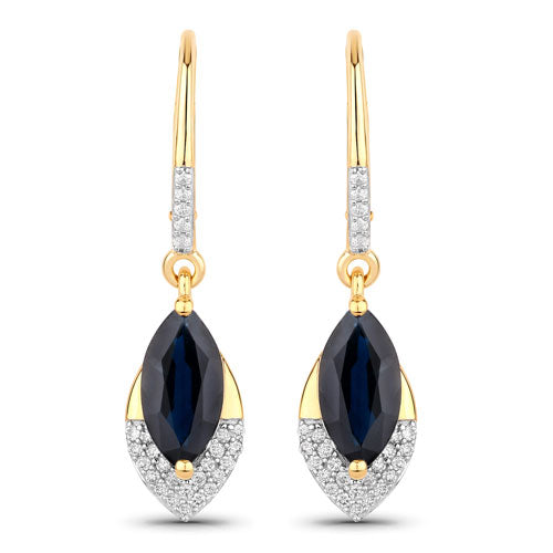 Bids.com 2.79 Carat Genuine Blue Sapphire and White Diamond 14K Yellow Gold Earrings Earrings