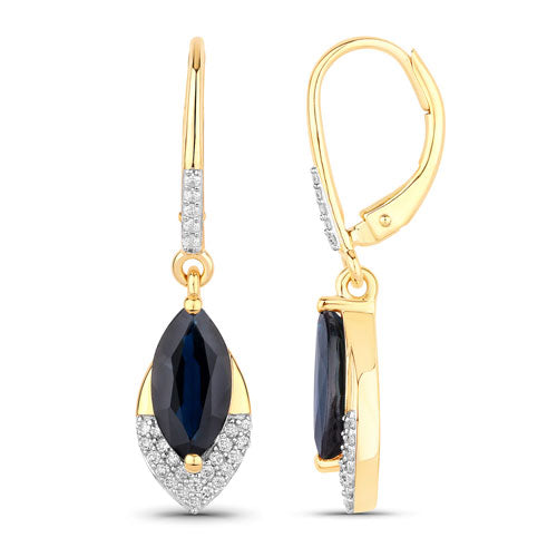 Bids.com 2.79 Carat Genuine Blue Sapphire and White Diamond 14K Yellow Gold Earrings Earrings