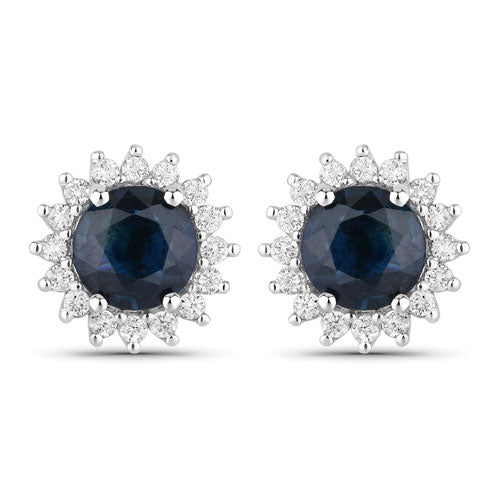 Bids.com 2.38 Carat Genuine Blue Sapphire and White Diamond 14K White Gold Earrings Earrings