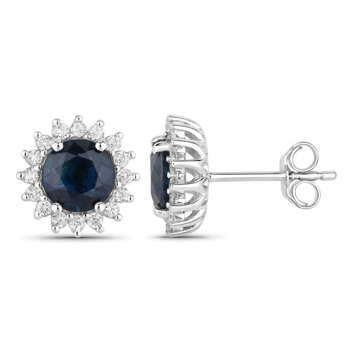 Bids.com 2.38 Carat Genuine Blue Sapphire and White Diamond 14K White Gold Earrings Earrings