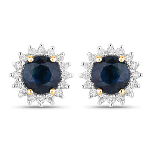 Bids.com 2.38 Carat Genuine Blue Sapphire and White Diamond 14K Yellow Gold Earrings Earrings