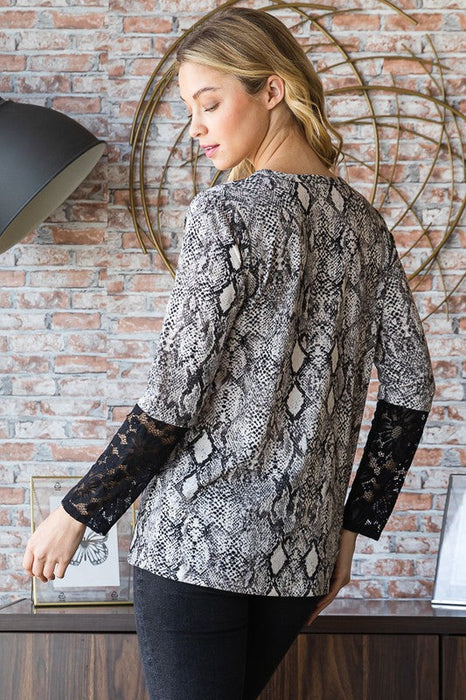 Full Size Snakeskin Print Round Neck Lace Contrast Top