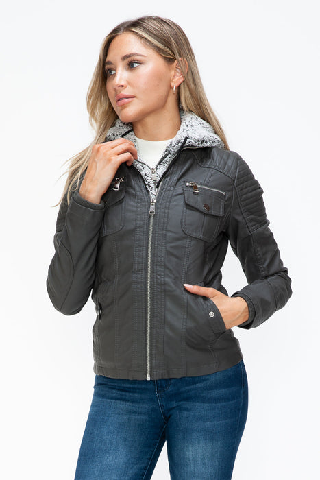 Removable Faux Layered Multi-Pocket Jacket with Fuzzy Hood