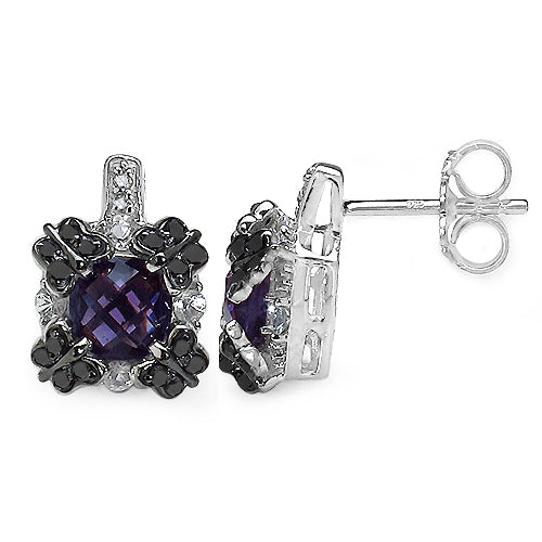 Bids.com 2.67 Carat Genuine Amethyst White Sapphire & Black Diamond .925 Sterling Silver Earrings Earrings