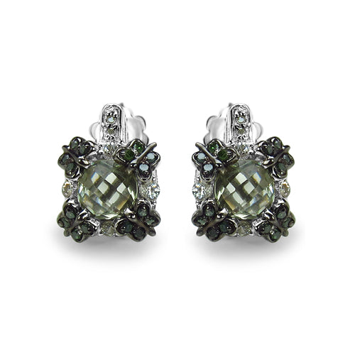 Bids.com 2.91 Carat Genuine Green Amethyst, White Sapphire & Green Diamond .925 Sterling Silver Earrings Earrings