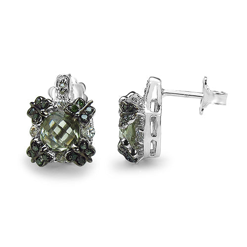 Bids.com 2.91 Carat Genuine Green Amethyst, White Sapphire & Green Diamond .925 Sterling Silver Earrings Earrings
