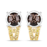 Bids.com 3.75 Carat Genuine Smoky Quartz, Yellow Diamond and White Diamond .925 Sterling Silver Earrings Earrings