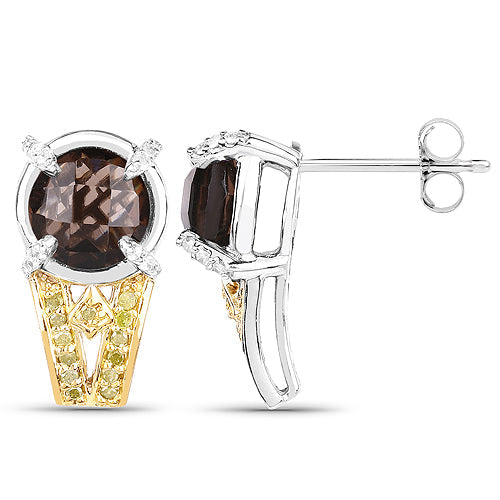Bids.com 3.75 Carat Genuine Smoky Quartz, Yellow Diamond and White Diamond .925 Sterling Silver Earrings Earrings