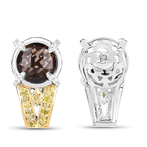 Bids.com 3.75 Carat Genuine Smoky Quartz, Yellow Diamond and White Diamond .925 Sterling Silver Earrings Earrings