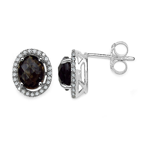 Bids.com 2.39 Carat Genuine White Diamond & Smoky Quartz .925 Sterling Silver Earrings Earrings