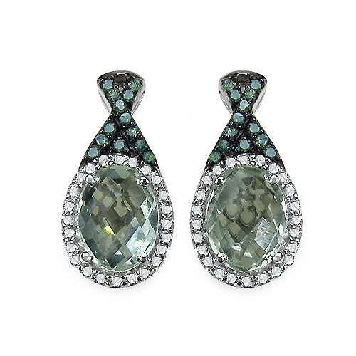 Bids.com 2.55 Carat Genuine Green Amethyst, Green Diamond & White Diamond .925 Sterling Silver Earrings Earrings