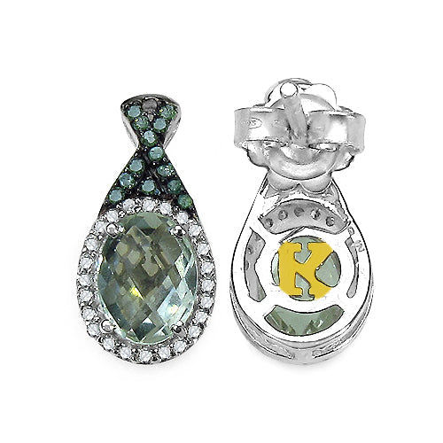 Bids.com 2.55 Carat Genuine Green Amethyst, Green Diamond & White Diamond .925 Sterling Silver Earrings Earrings