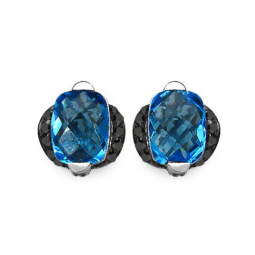 Bids.com 3.74 Carat Genuine Blue Topaz & Black Diamond .925 Sterling Silver Earrings Earrings