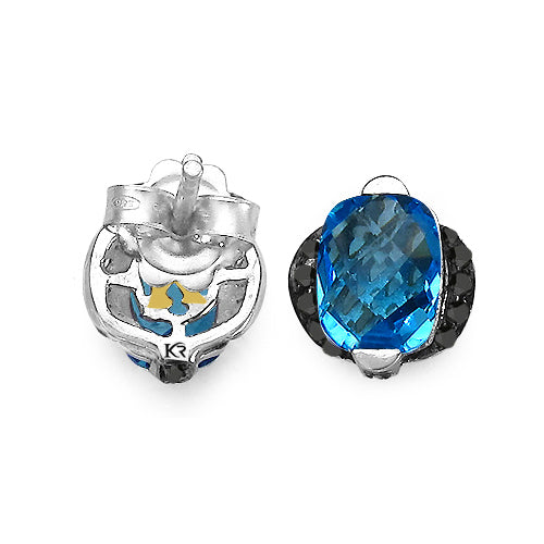 Bids.com 3.74 Carat Genuine Blue Topaz & Black Diamond .925 Sterling Silver Earrings Earrings