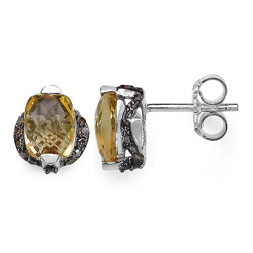 Bids.com 3.14 Carat Genuine Citrine & Black Diamond .925 Sterling Silver Earrings Earrings