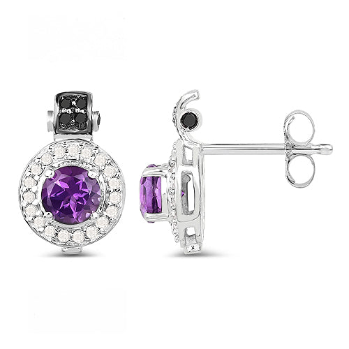 Bids.com 2.29 Carat Genuine Amethyst, Black Diamond and White Diamond .925 Sterling Silver Earrings Earrings