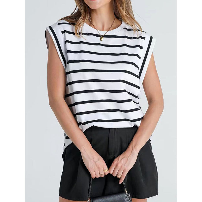 Striped Round Neck Cap Sleeve T-Shirt