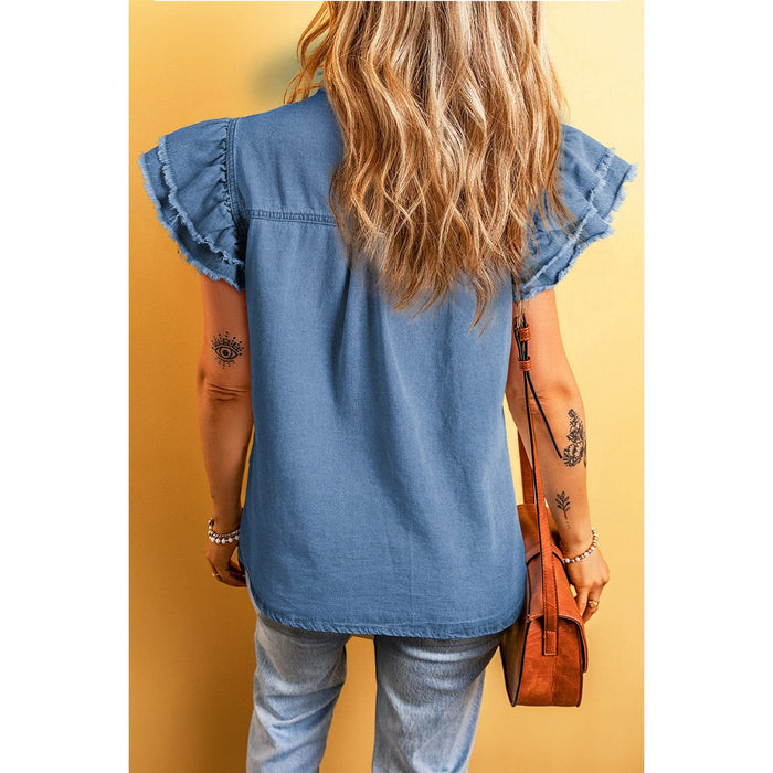 Raw Hem Button Up Cap Sleeve Denim Top