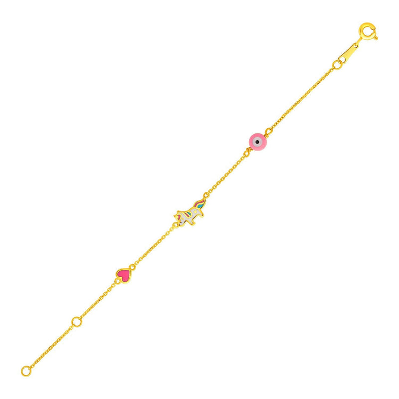 Bids.com 14k Yellow Gold 5 1/2 inch Childrens Bracelet with Enameled Heart Unicorn and Circle Bracelets