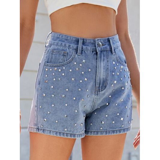 Mill's Beauty Supply Rhinestone Washed High Waist Denim Shorts