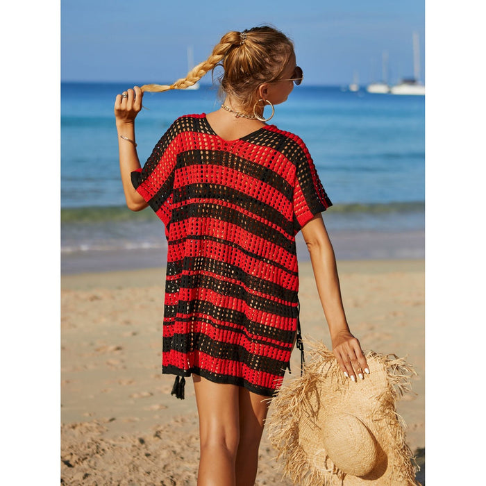 Tassel Openwork Striped V-Neck Cover Up