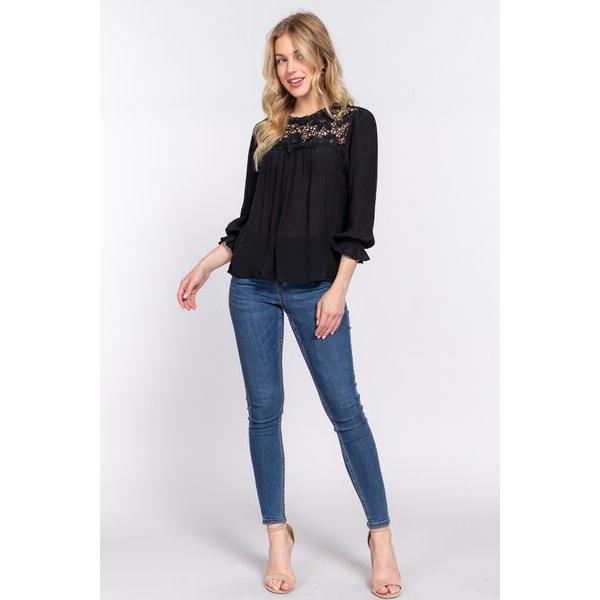 ACTIVE BASIC Crochet Lace Panel Flounce Sleeve Blouse