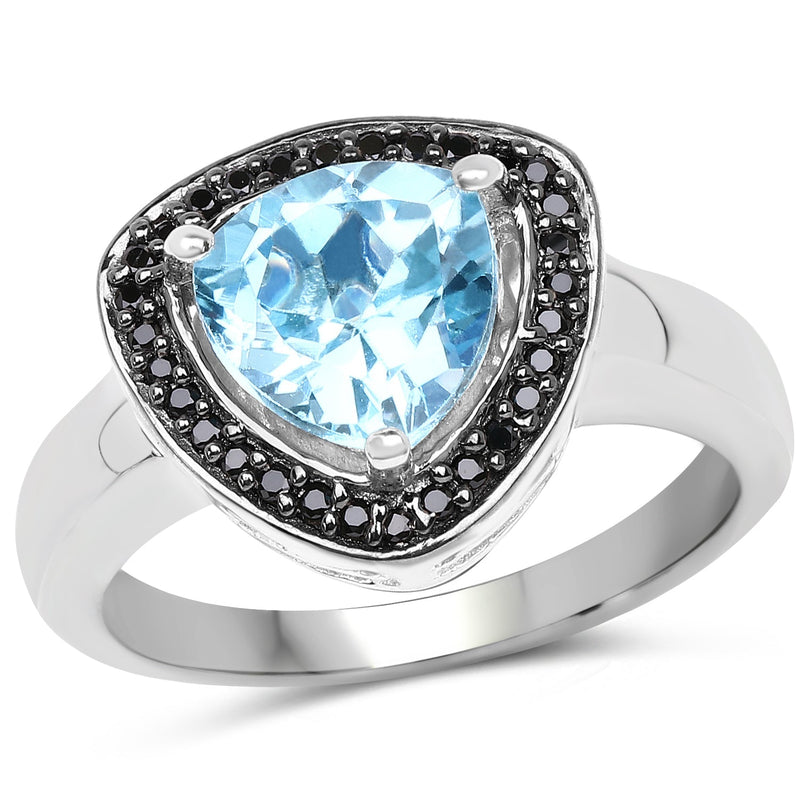 Bids.com 2.06 Carat Genuine Baby Swiss Blue Topaz and Black Diamond .925 Sterling Silver Ring Rings