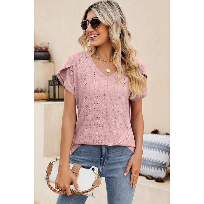 Eyelet V-Neck Petal Sleeve T-Shirt