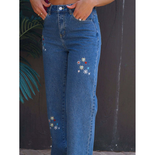 Embroidered Straight Jeans with Pockets