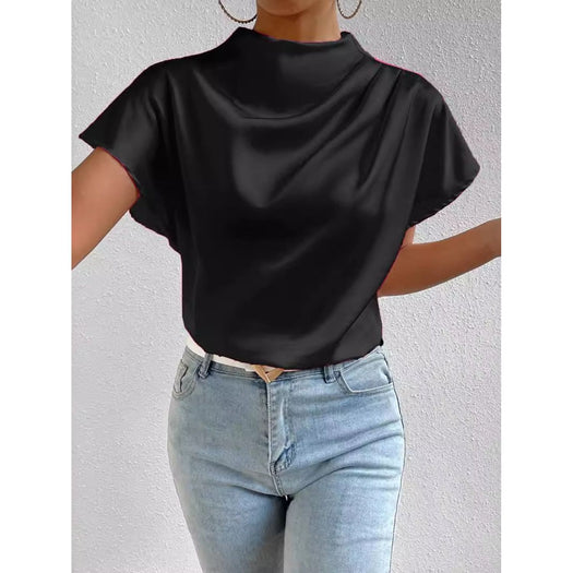 Ruched Mock Neck Short Sleeve Blouse