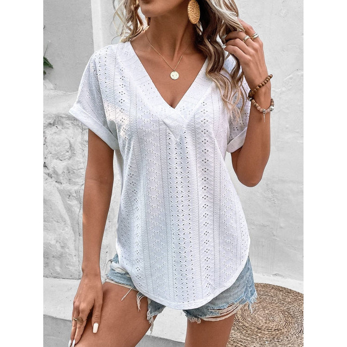 Eyelet V-Neck Short Sleeve Blouse