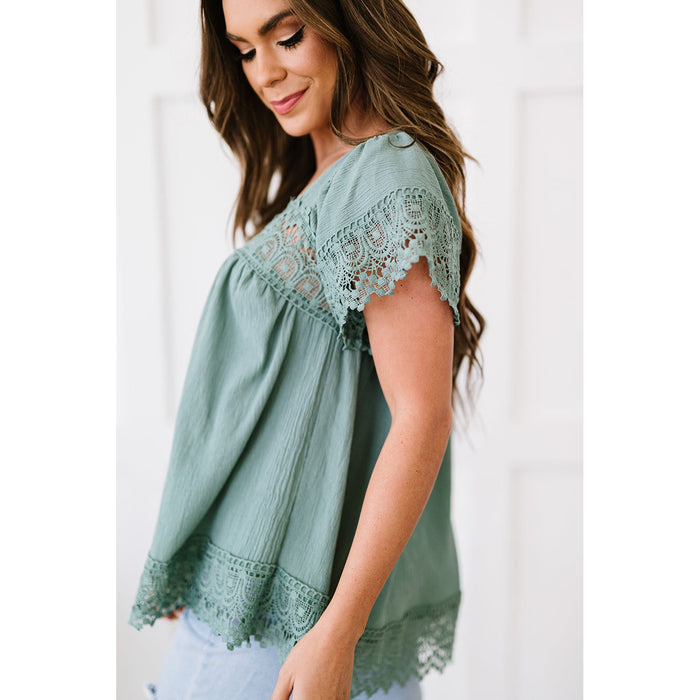 Lace Detail Square Neck Short Sleeve Blouse