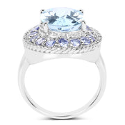 Bids.com 7.41 Carat Genuine Blue Topaz and Tanzanite .925 Sterling Silver Ring Rings