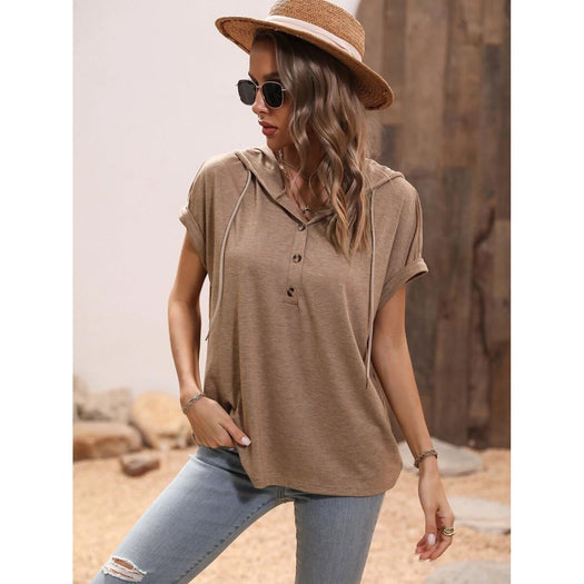 Half Button Hooded Short Sleeve Blouse