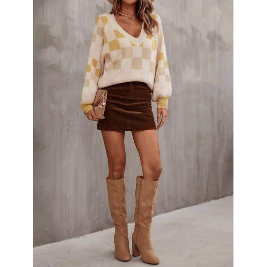 Checkered V-Neck Lantern Sleeve Sweater