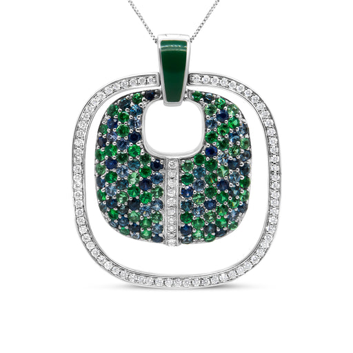 Bids.com .925 Sterling Silver Green Enamel Pendant with 1/2 Cttw Diamond, Sapphire, and Tsavorite Openwork Statement 18" Pendant Necklace (F-G Color, VS1-VS2 Clarity) Necklaces