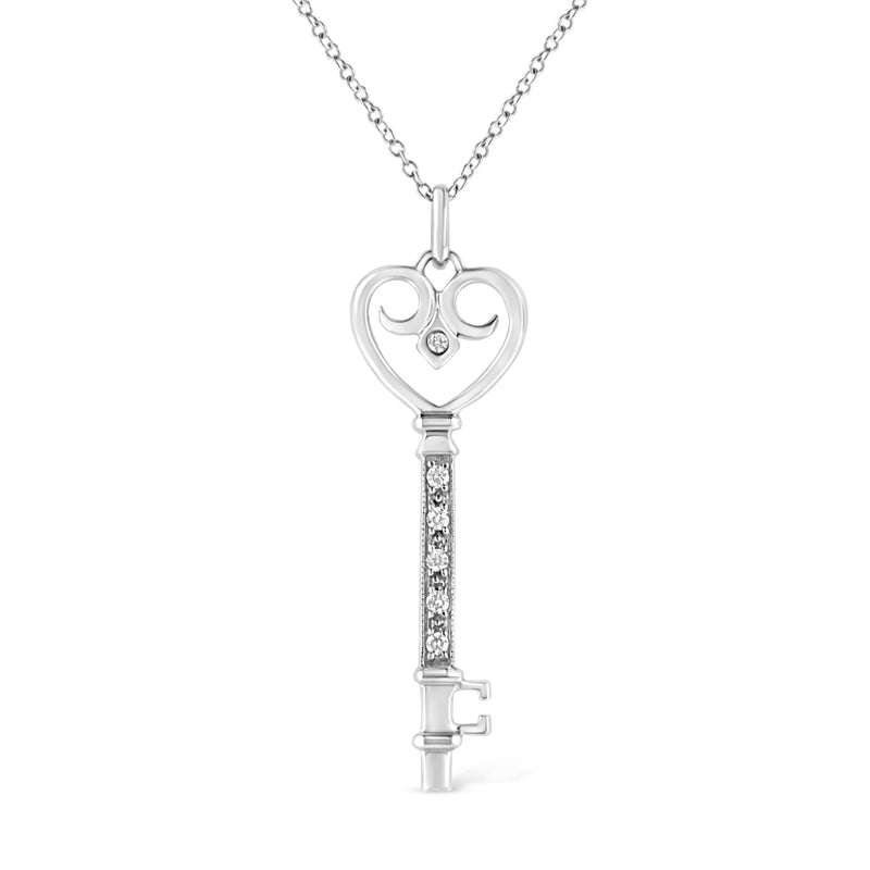 Bids.com .925 Sterling Silver Pave and Bezel-Set Diamond Accent Key 18" Heart and Lock Pendant Necklace (K-L Color, I1-I2 Clarity) Necklaces