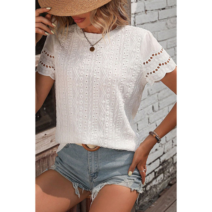 Eyelet Round Neck Short Sleeve Top