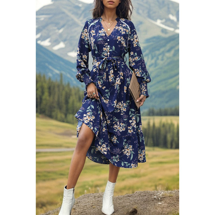 Printed Notched Lantern Sleeve Midi Dress