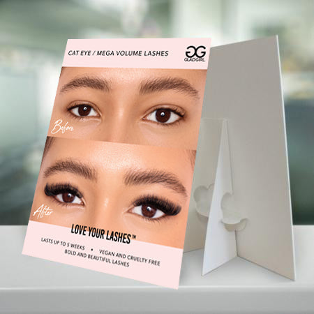 GladGirl Cat Eye Mega Volume Eyelash Extension Counter Card Marketing
