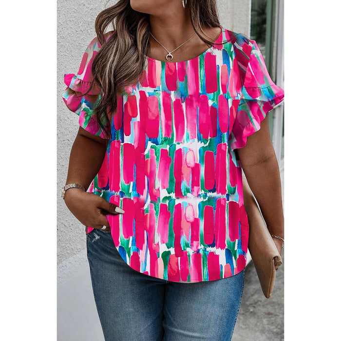 Plus Size Printed Round Neck Petal Sleeve Blouse