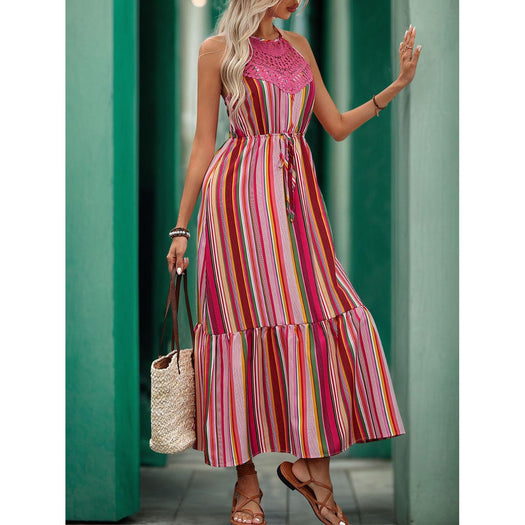 Lace Detail Striped Halter Neck Midi Dress