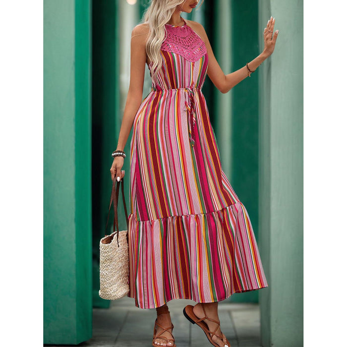 Lace Detail Striped Halter Neck Midi Dress